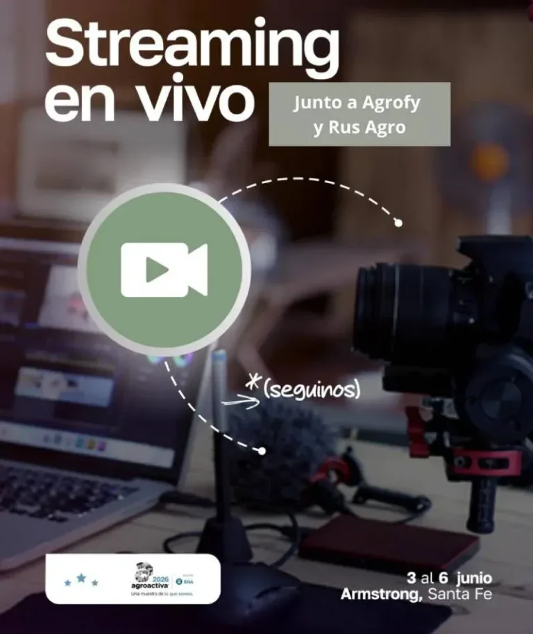 Logo de AgroActiva 2026 sobre fondo verde con texto '3 al 6 de junio, Armstrong, Santa Fe'
