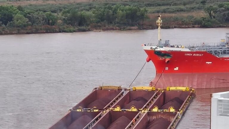 Barcaza partida en dos tras colisión de buques frente a Rosario en el río Paraná