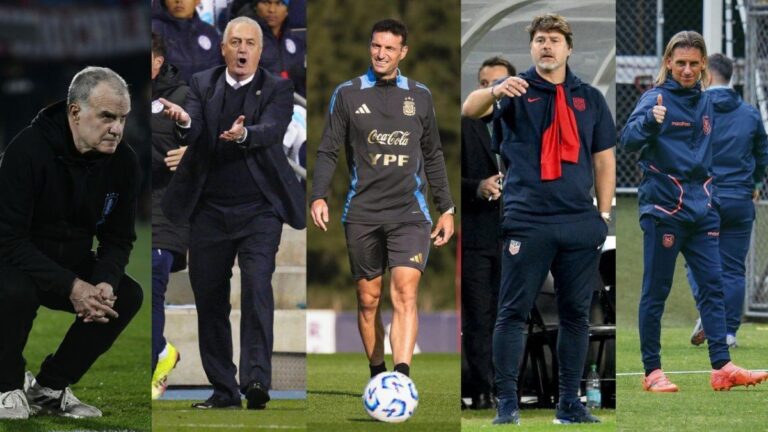 Marcelo Bielsa y Lionel Scaloni en un partido de fútbol