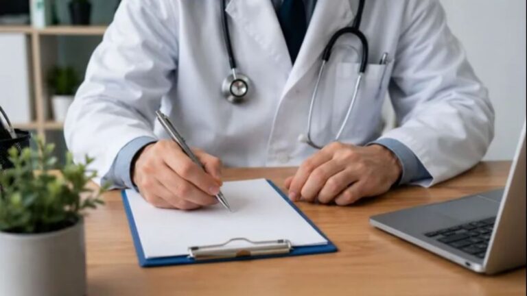 Médico escribiendo una receta en un consultorio