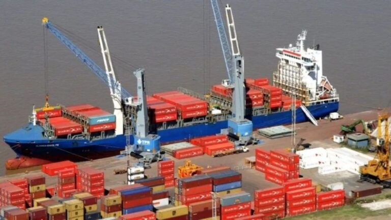 Puertos del Gran Rosario sobre el río Paraná con buques de carga