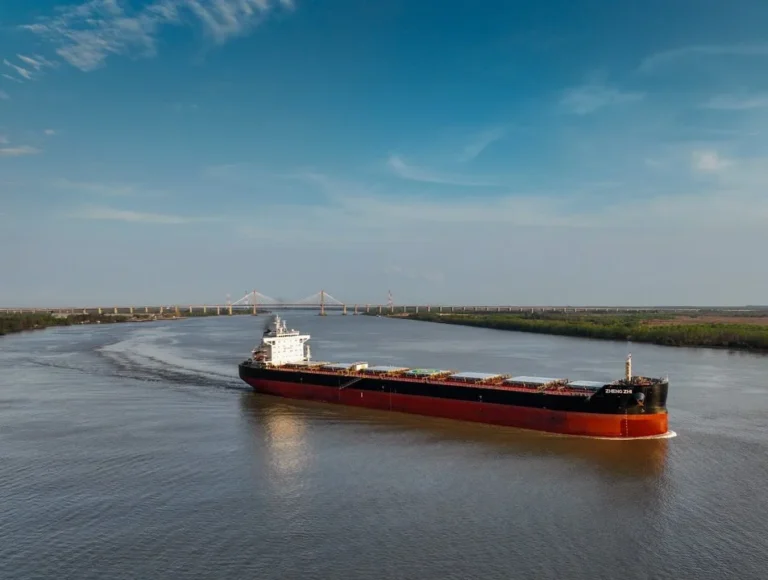 Vista de la hidrovía Paraná-Paraguay con un buque de carga transitando