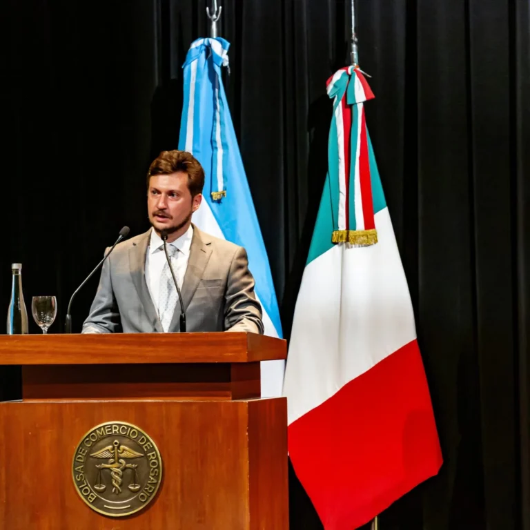 Bandera de Italia y Argentina junto al Palacio de los Leones en Rosario