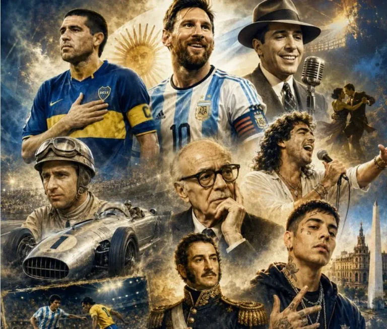 Collage de figuras argentinas nacidas o fallecidas el 24 de junio: Messi, Fangio, Gardel, Rodrigo, Sabato, Riquelme, Duki, Cabral, Bradley y Zuloaga
