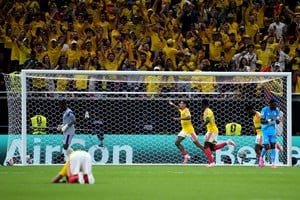 Jugadores de Colombia celebrando el gol de Daniel Muñoz ante Congo en el Mundial 2026