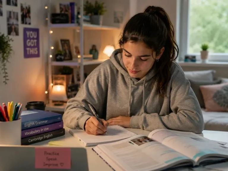 Estudiante usando inteligencia artificial en una computadora para tareas de inglés